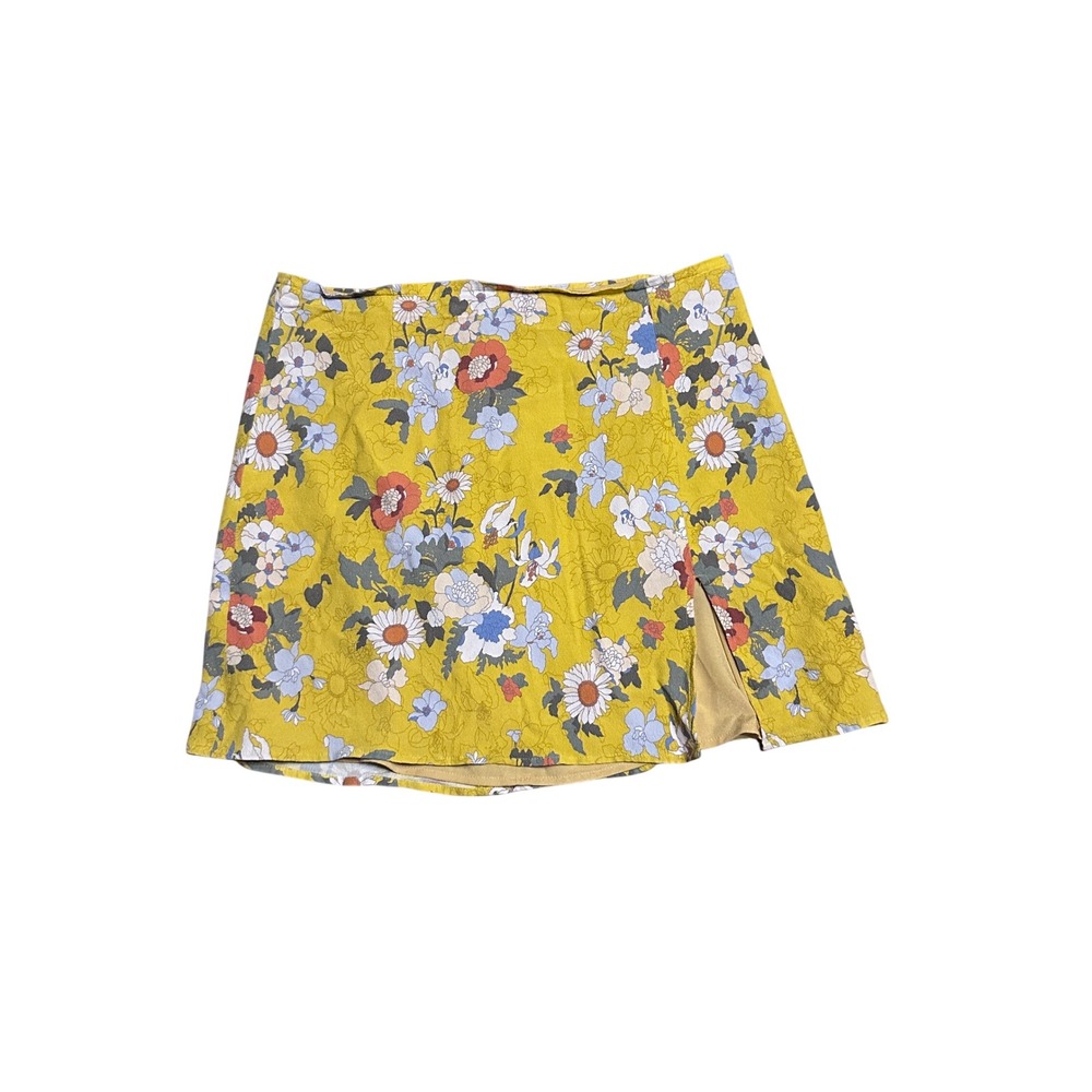 Aritzia Sunday Best Yellow Floral Mini Skirt Side Slit Mustard Size 10